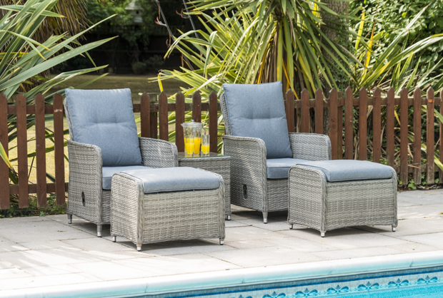 Mia Grey Rattan Reclining 2 Chairs, Table & 2 Stool Garden Set