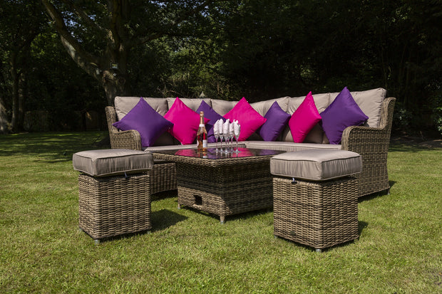 Seville Rattan Corner Sofa, 2 Stools & Rising Dining Coffee Table Garden Set