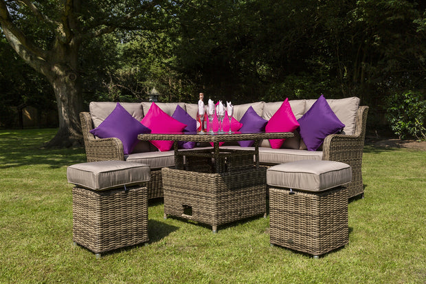 Seville Rattan Corner Sofa, 2 Stools & Rising Dining Coffee Table Garden Set