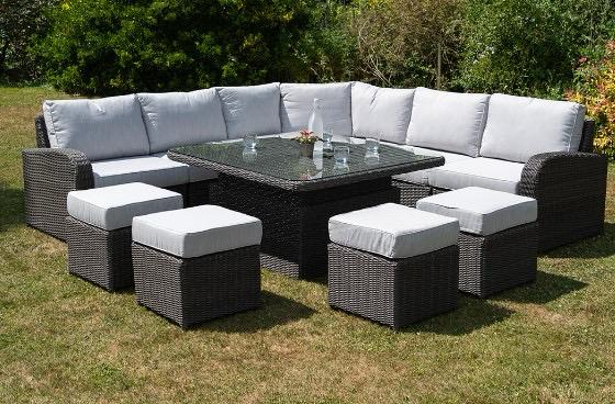 Modular Garden Corner Sofa, Rising Table & Stools in Grey Rattan