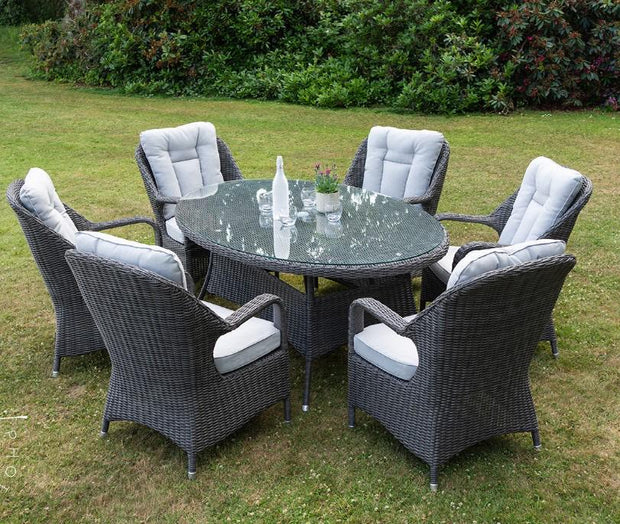 Oval Garden Table with 6 Dining Chairs in Grey Rattan