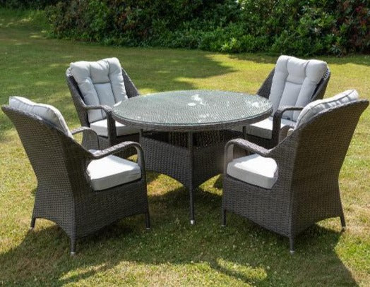 Round Garden Table & 4 Dining Chairs in Grey Rattan