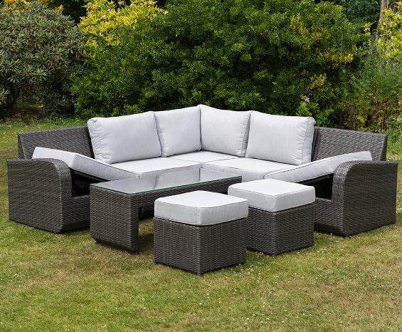 Modular Garden Corner Sofa, Table & Stools in Grey Rattan